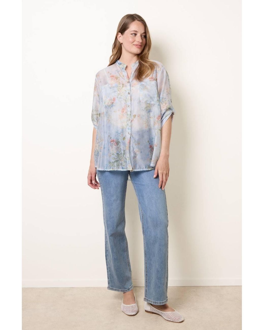 Blue Vanilla Blue Three Quarter Sleeve Button Up V-Neck Blouse