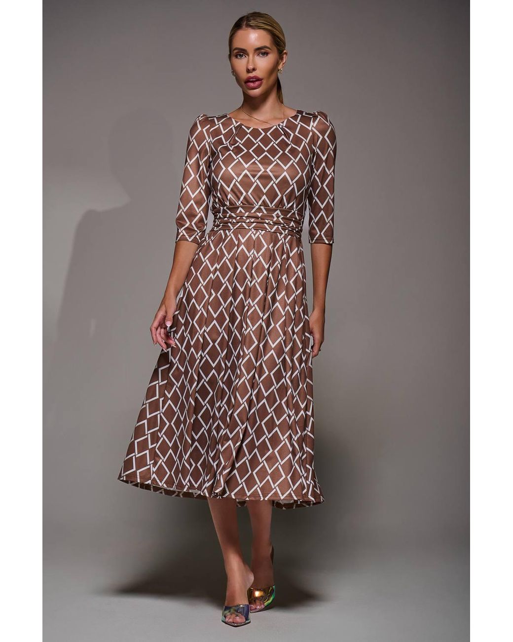 Jolie Moi Brown Three Quarter Sleeve Jersey Midi Dress