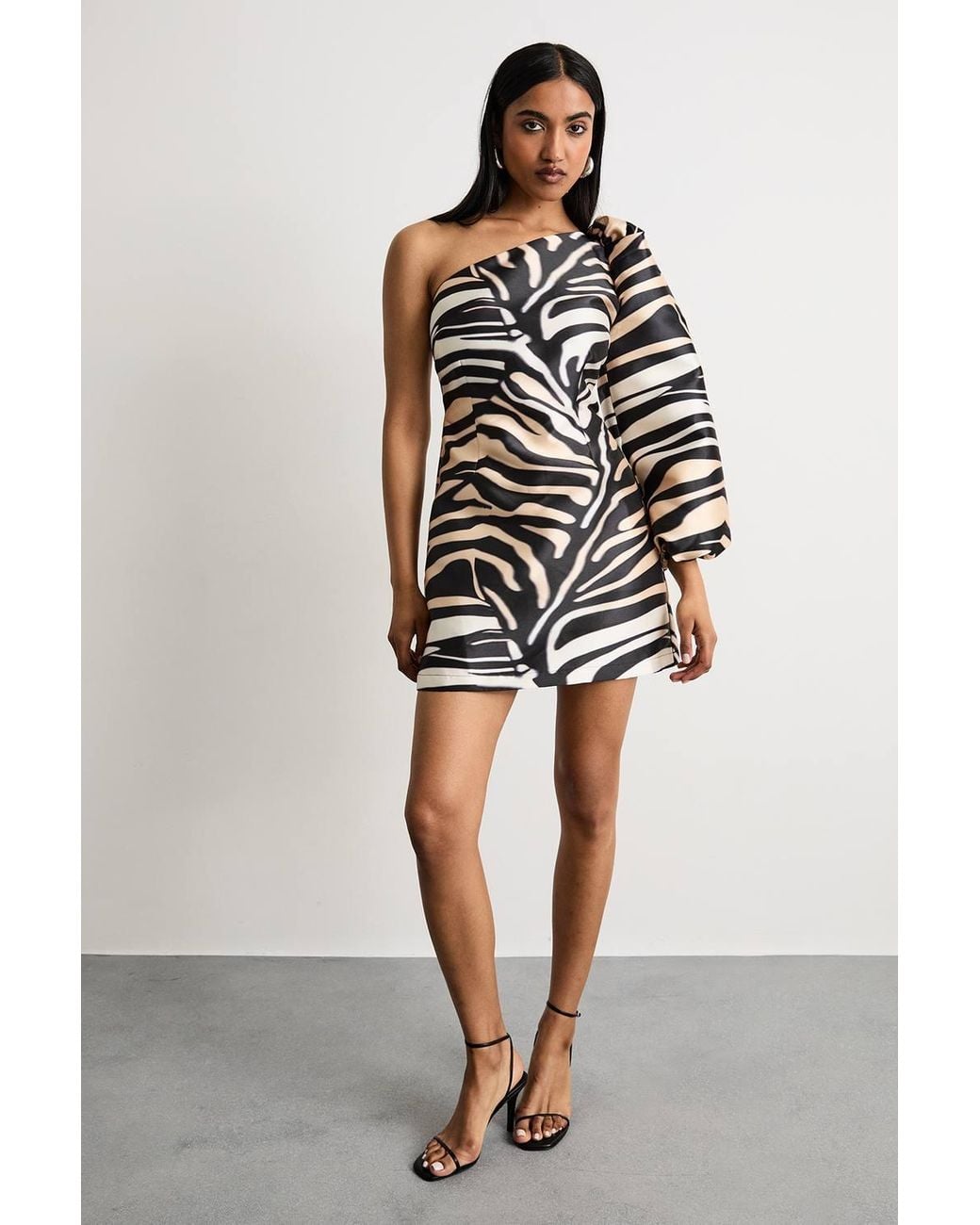 Warehouse Multicolor One Shoulder Puff Sleeve Mini Dress