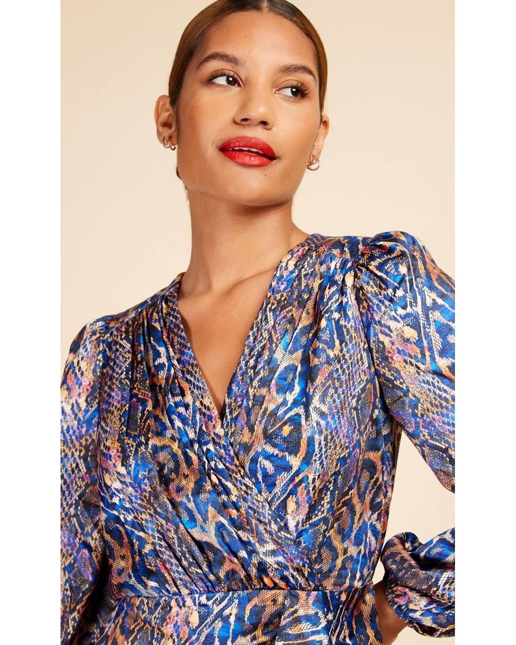 Little Mistress Blue Snake Satin Draped Frill Mini Dress
