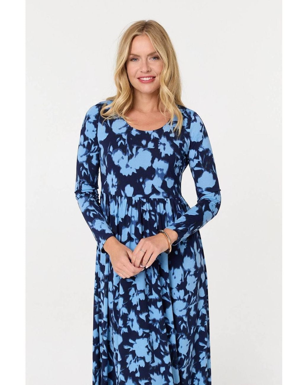 Izabel London Blue Floral Long Sleeve Jersey Maxi Dress