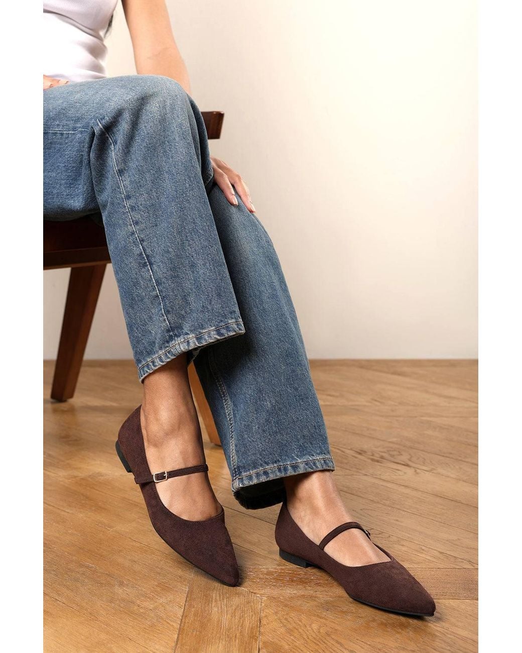 Where's That From Blue Novalee Wide Fit Girl's School Shoe Pointed Toe Mary Jane Front Strap Ballet Flats