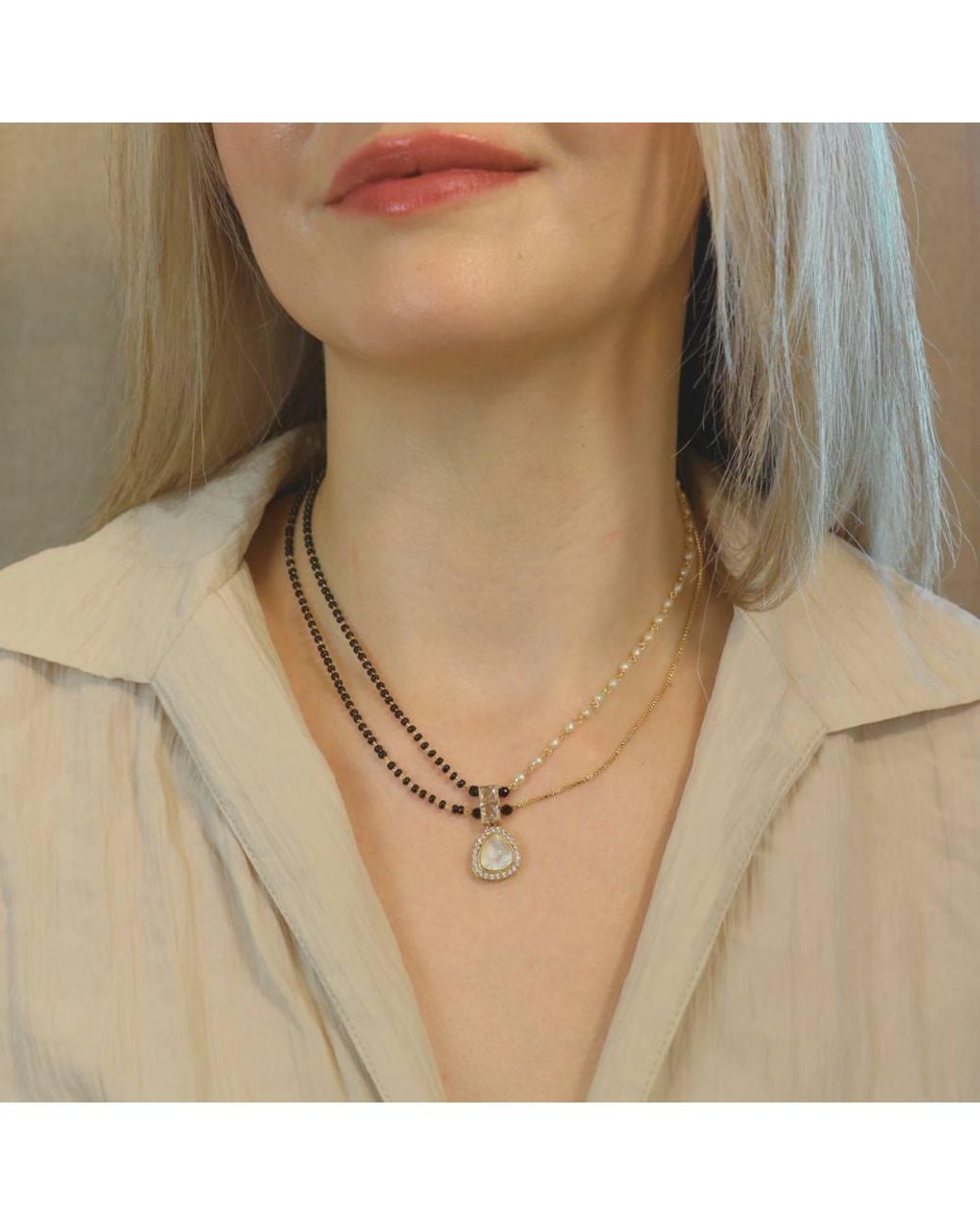The Colourful Aura Natural Two Layer Pearl Zircon Tear Drop Mangalsutra Pendant