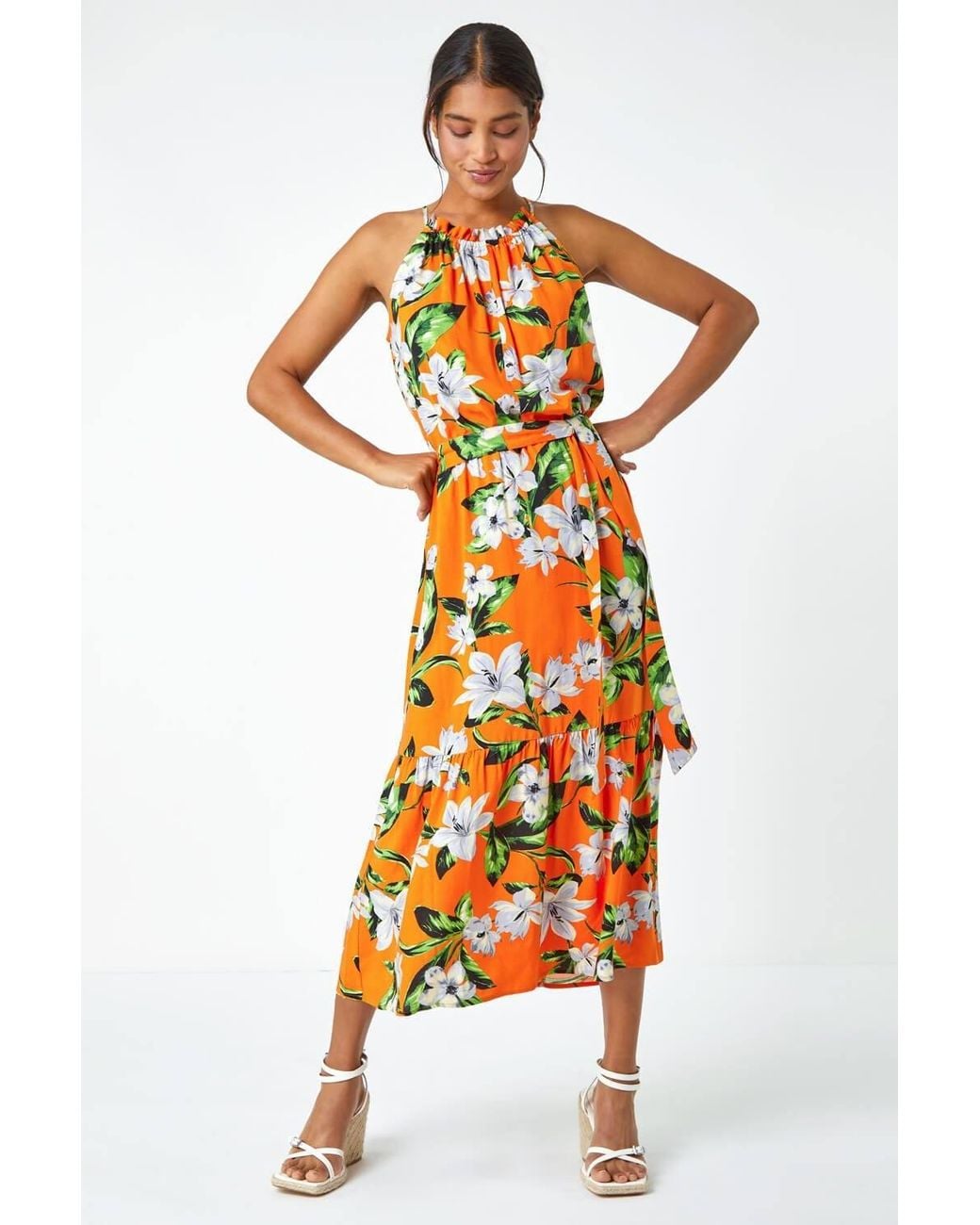 Roman Orange Tropical Floral Halter Neck Tiered Dress