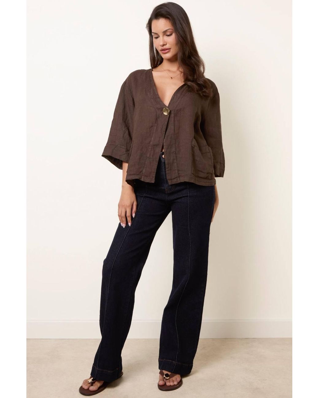 Blue Vanilla Brown Short Sleeve Button Up V-Neck Cardigan