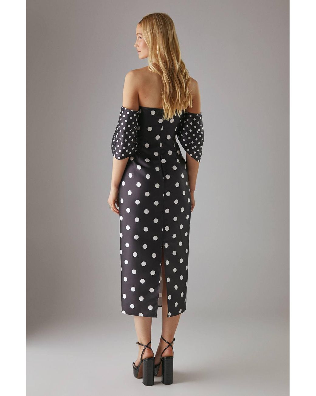 Warehouse Gray Spot Structured Puff Sleeve Bardot Midi Dress