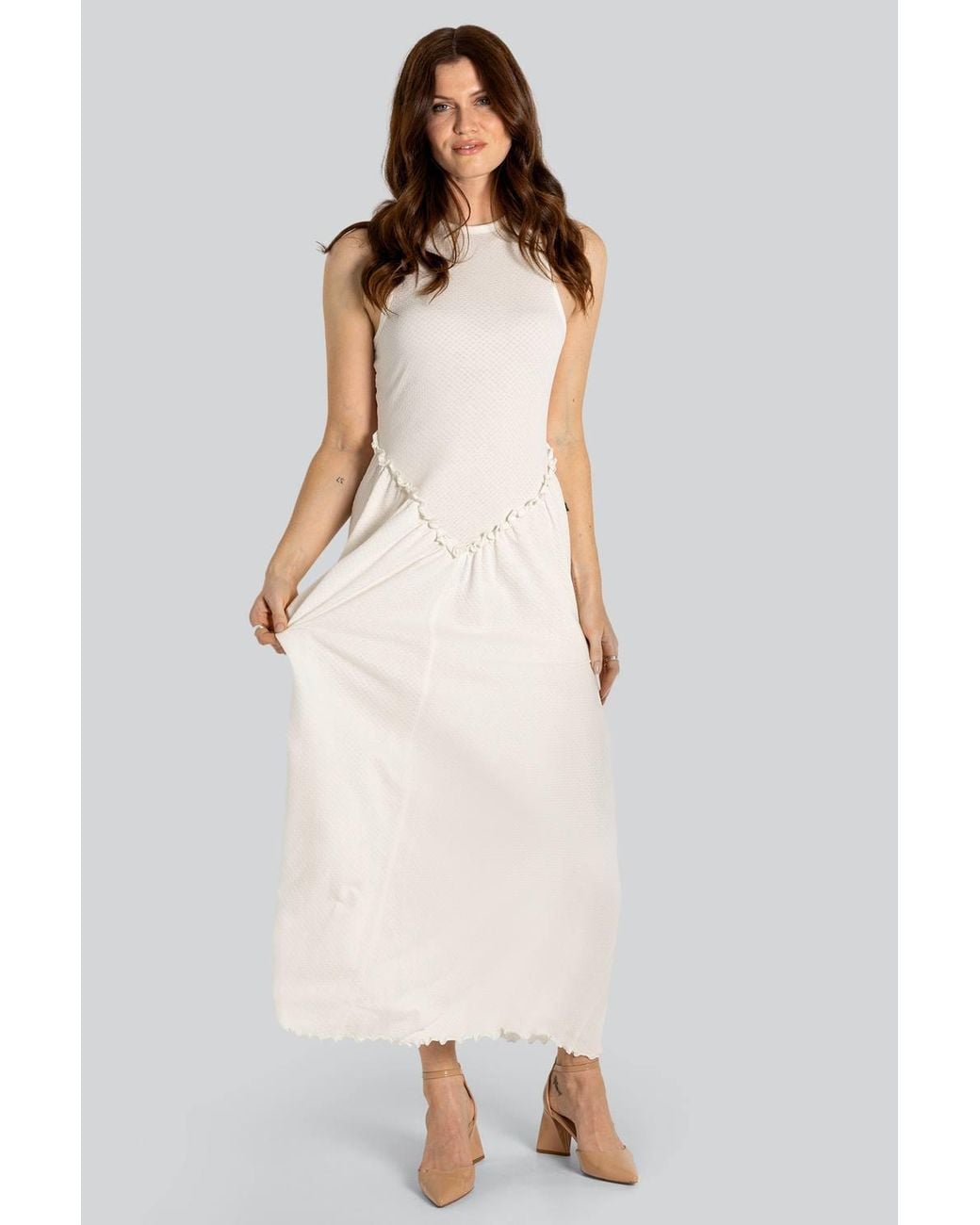 Enorsia Green Frill Detail Sleeveless Jersey Maxi Dress