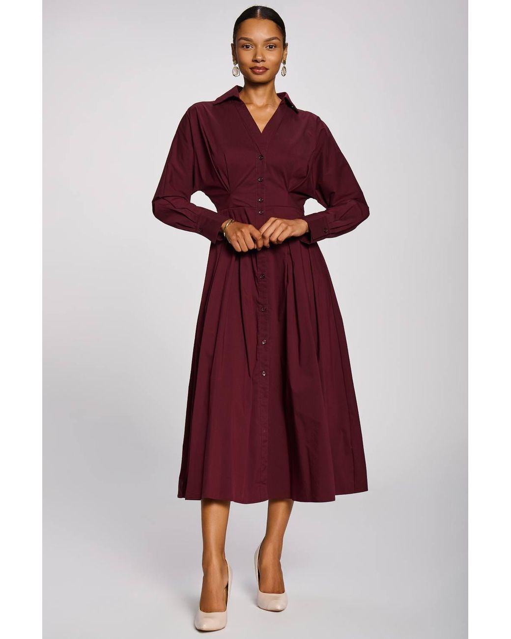 Jolie Moi Red Long Sleeve Cotton Shirt Dress