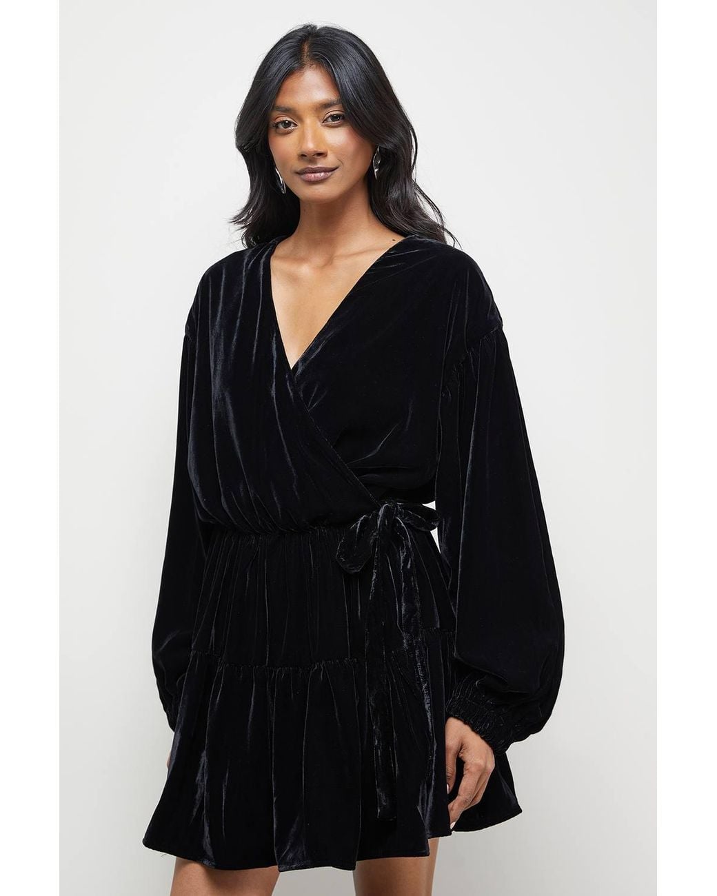 Warehouse Black Velvet Wrap Mini Smock Dress