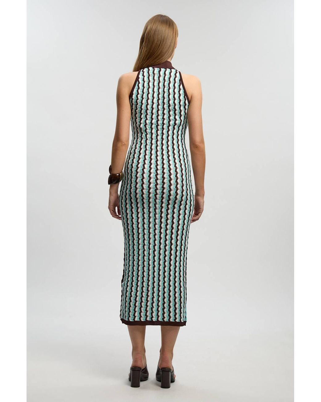 Karen Millen Blue Petite Knit Contrast Collar Pointelle Sleeveless Midi Dress