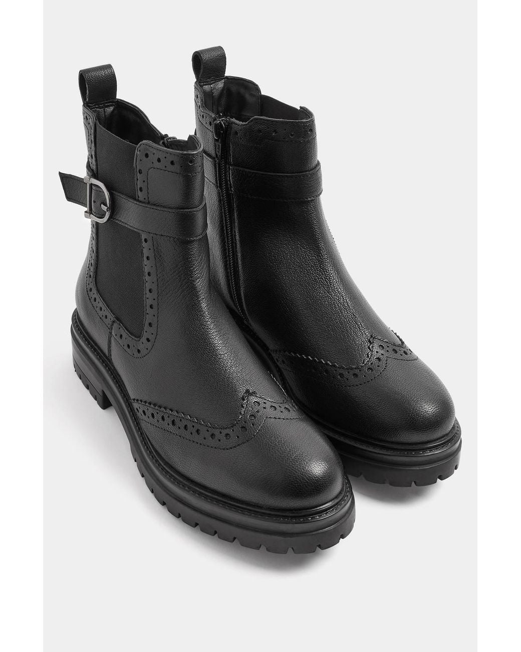 Long Tall Sally Black Leather Brogue Detail Chelsea Boots