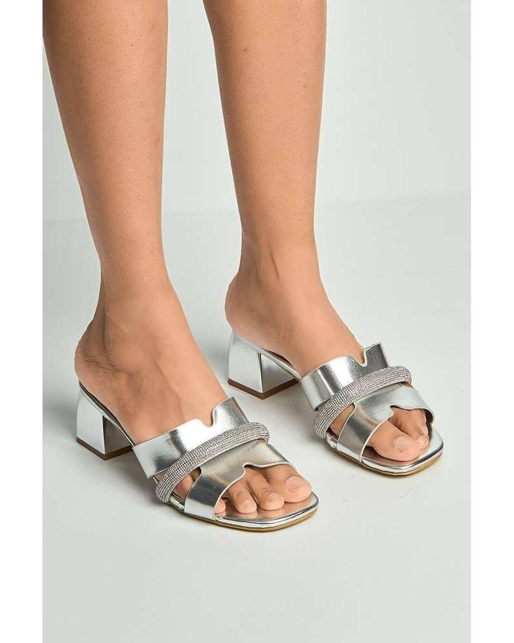 Miss Diva Gray Vivian Cutout Diamante Band Block Heel Mules