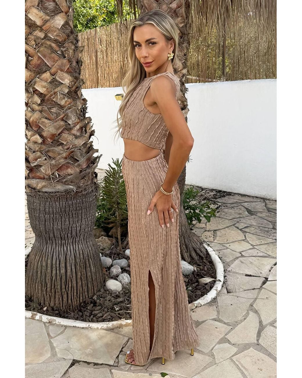 AX Paris Black Mocha Textured Side Waist Cut Out Midi Dress