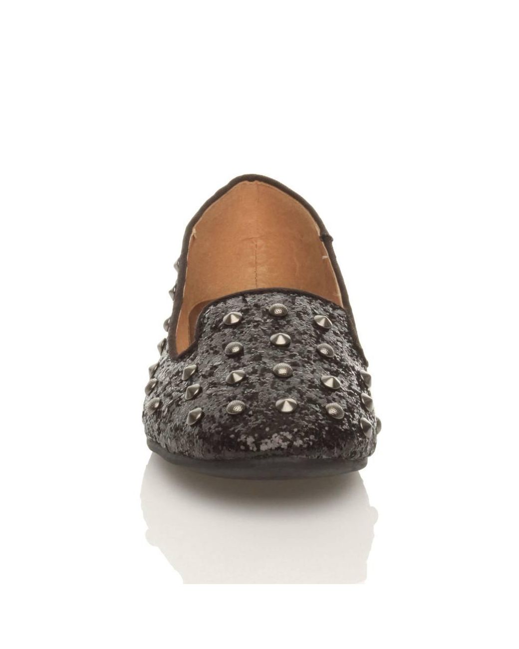AJVANI Black Flat Heel Studded Glitter Loafers Ballet Pumps