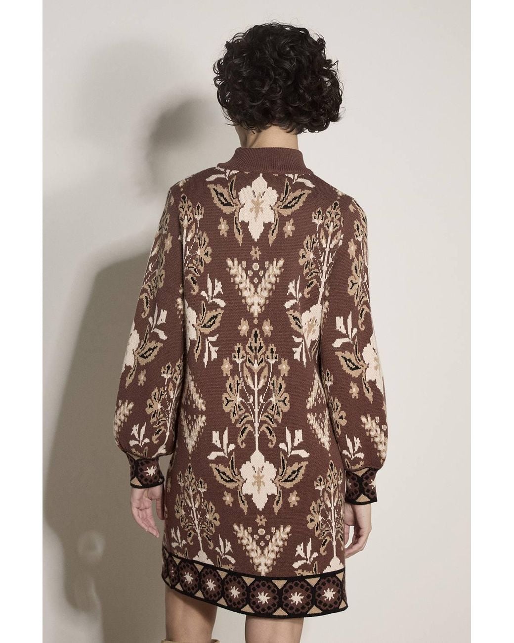 Apricot Brown Folk Floral Mini Jumper Dress
