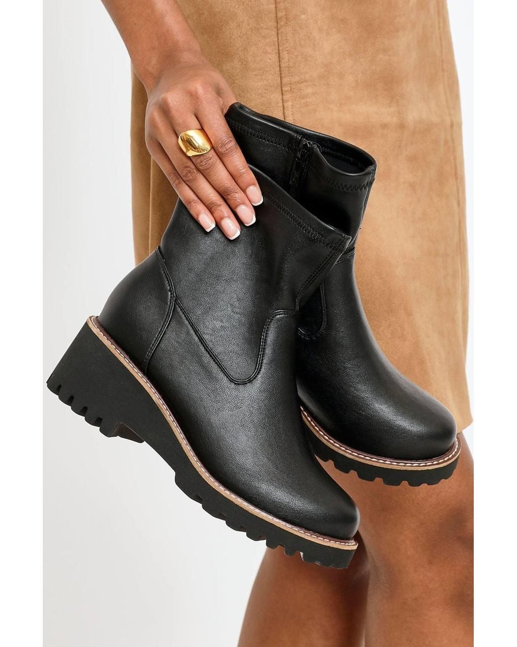 Linzi Black Pulse Wide Fit Faux Leather Wedged Heel Ankle Boot