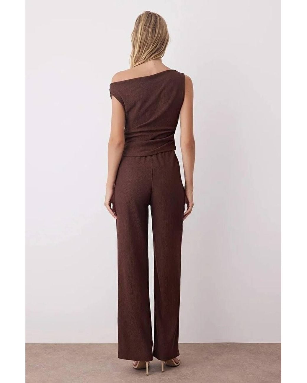 WOVCOR Brown 2-Piece Asymmetric Neck Knit Top & Wide Leg Trousers Co-Ord Set