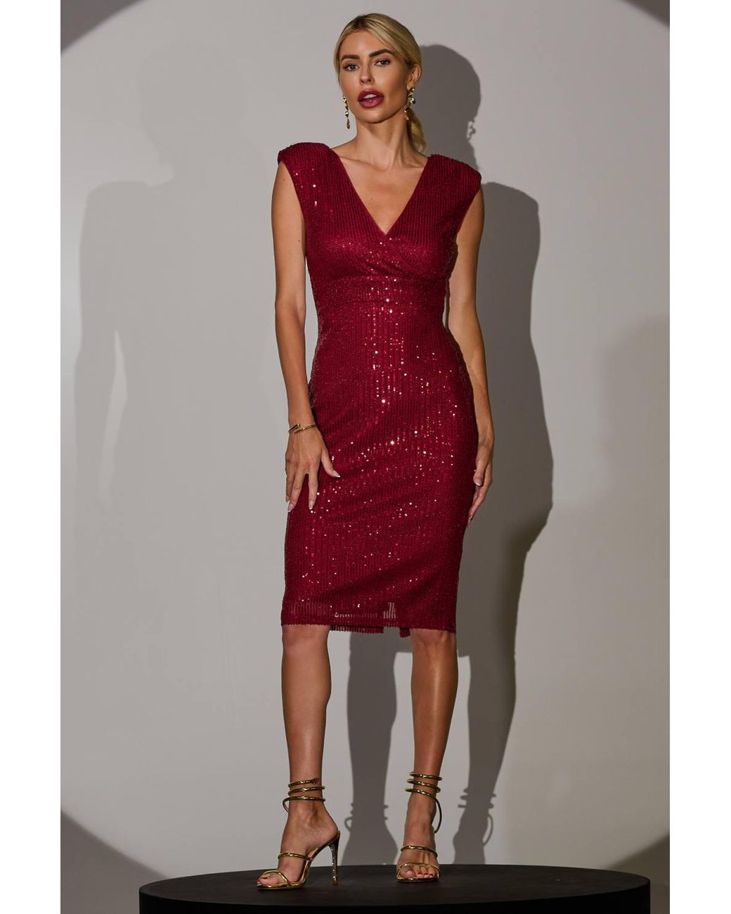 Jolie Moi Red Sequin Wrap Bodycon Midi Dress W/ Shou