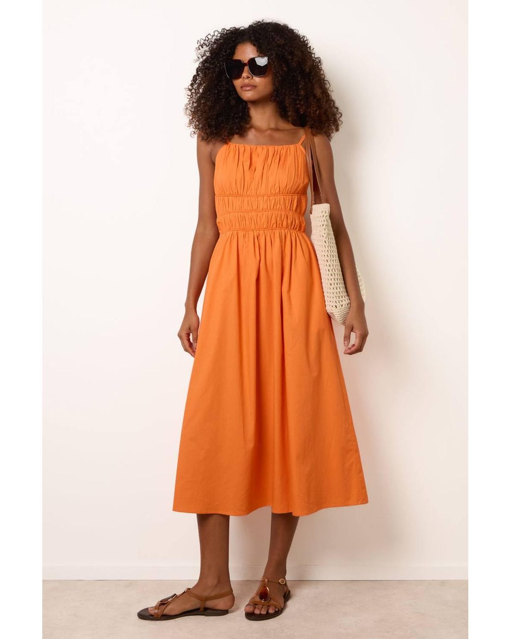 Blue Vanilla Orange Shirred Waist Sleeveless Square Midi Dress
