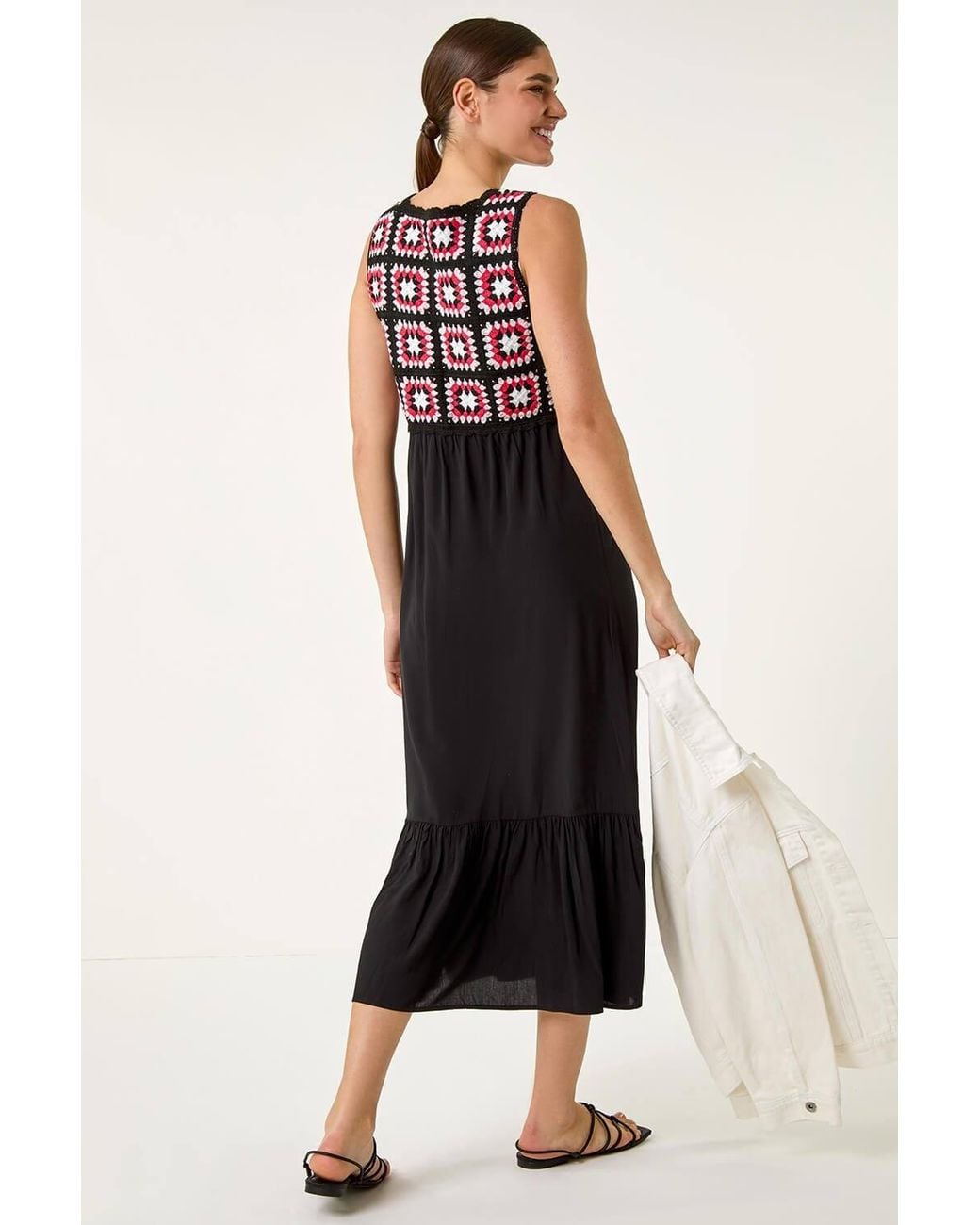 Roman Multicolor Sleeveless Crochet Fit & Flare Midi Dress