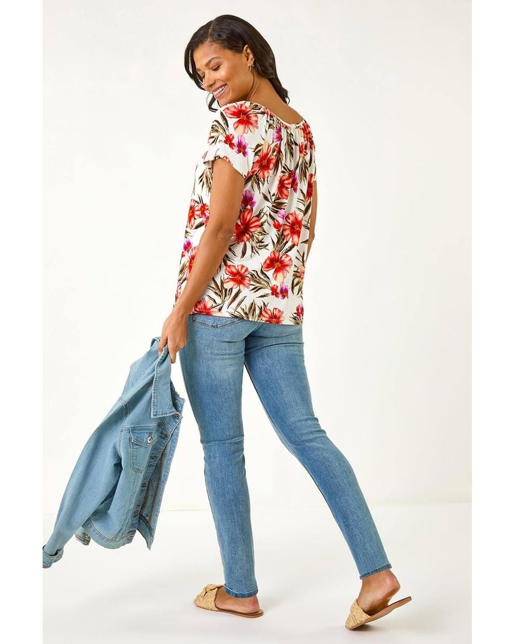 Roman Red Floral Print Notch Neck Stretch Top