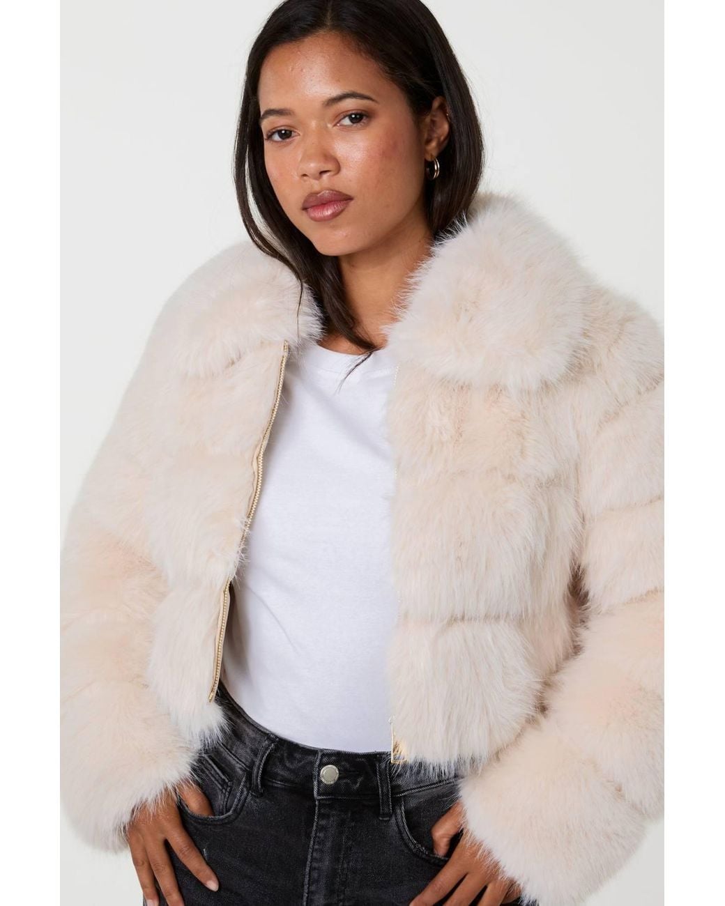 Pink Vanilla Natural Off Faux Fur Cropped Coat