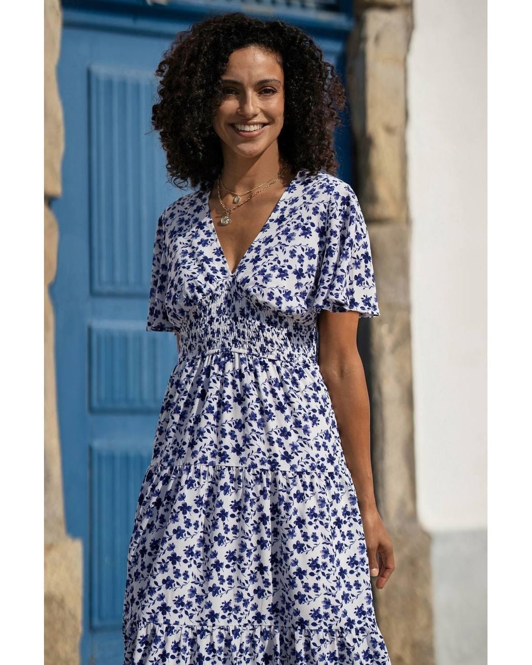 Yumi' Blue Floral Ruched Waist Midi Dress W/ Angel Sleeves