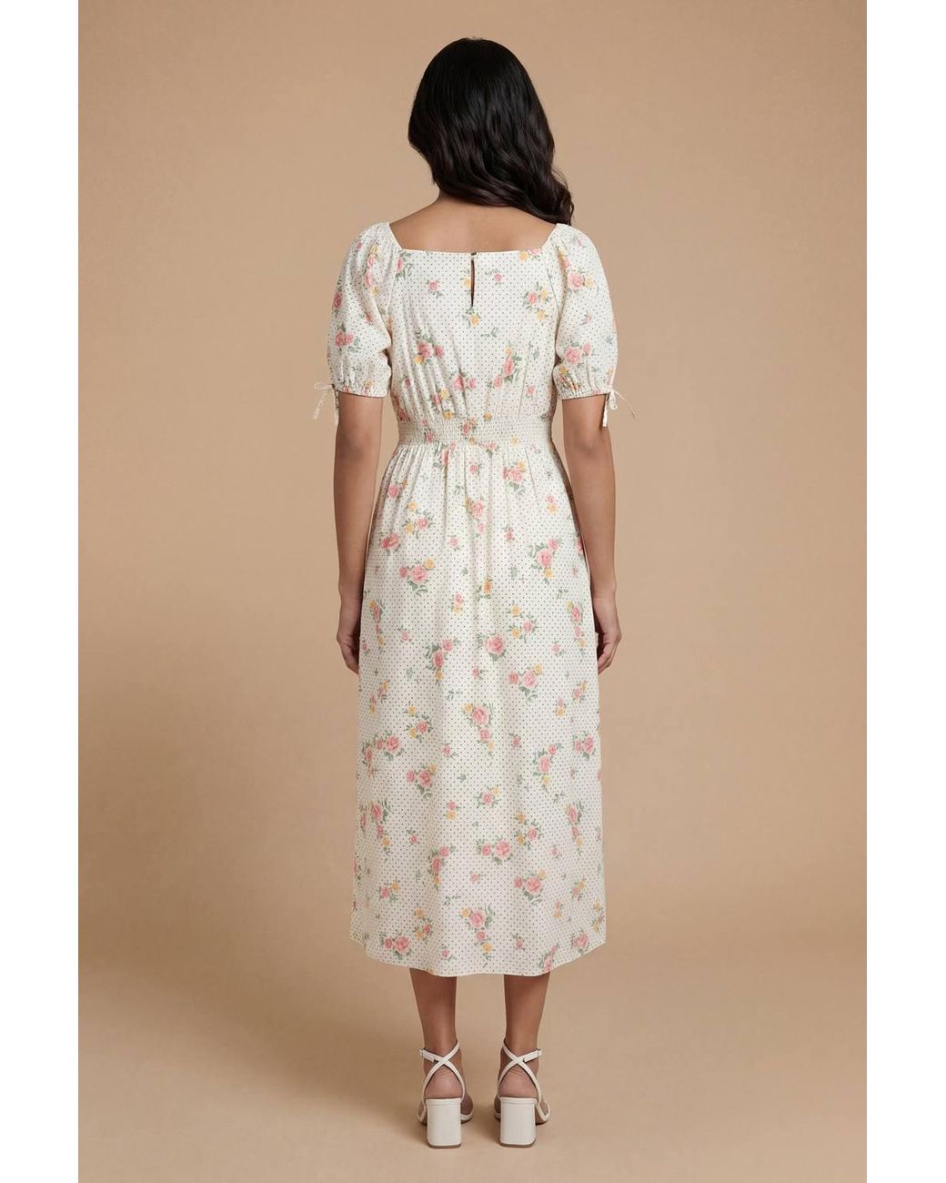 Dorothy Perkins Natural Pleat Button Detail Puff Sleeve Midi Dress