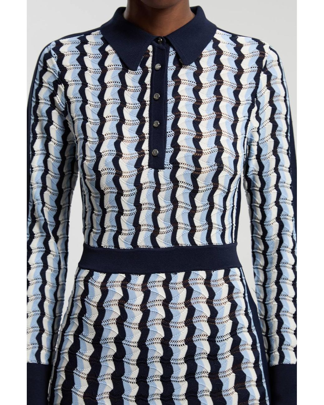 Karen Millen White Knit Pointelle Contrast Collared Midi Dress