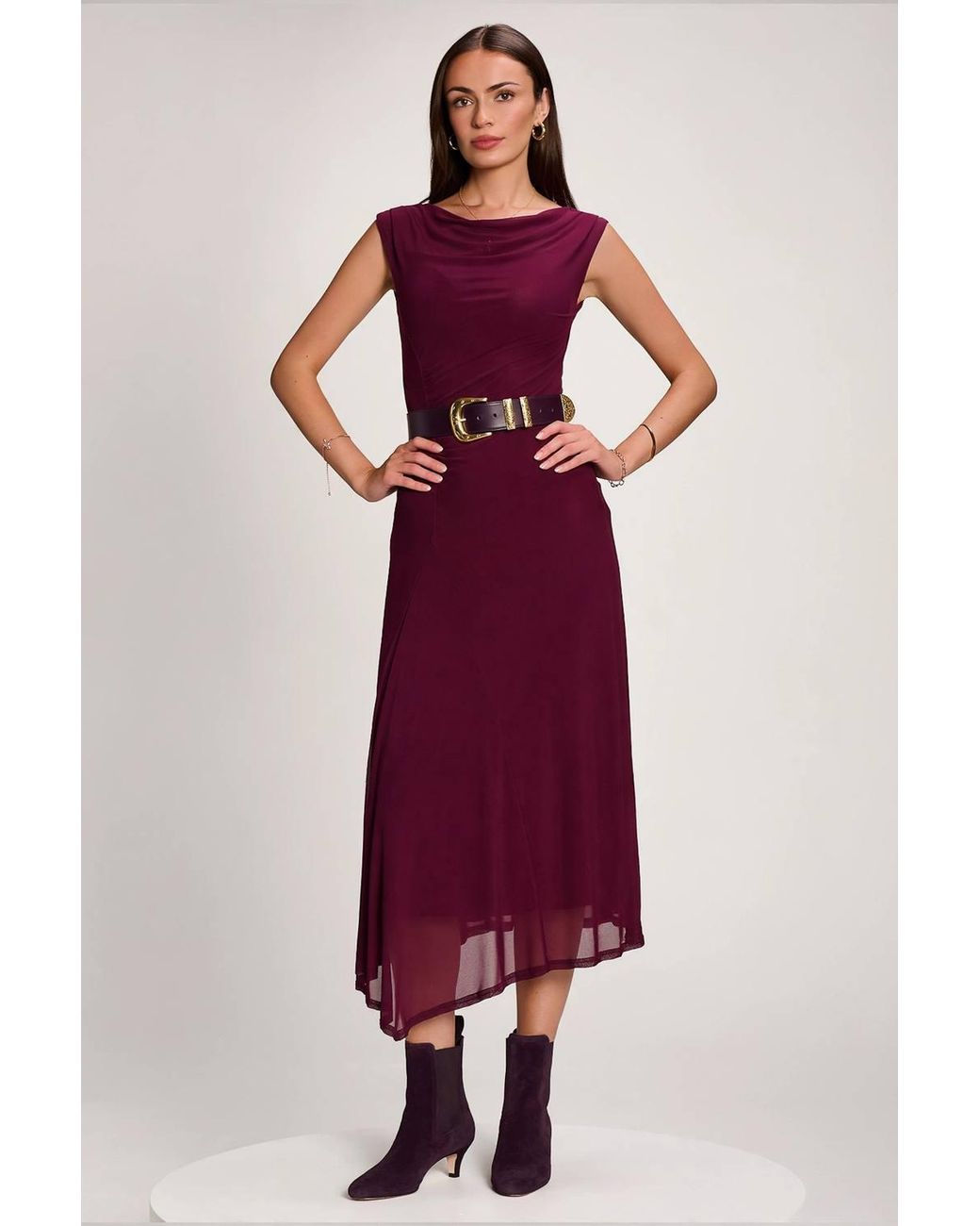 Jolie Moi Red Asymmetric Draped Mesh Maxi Dress
