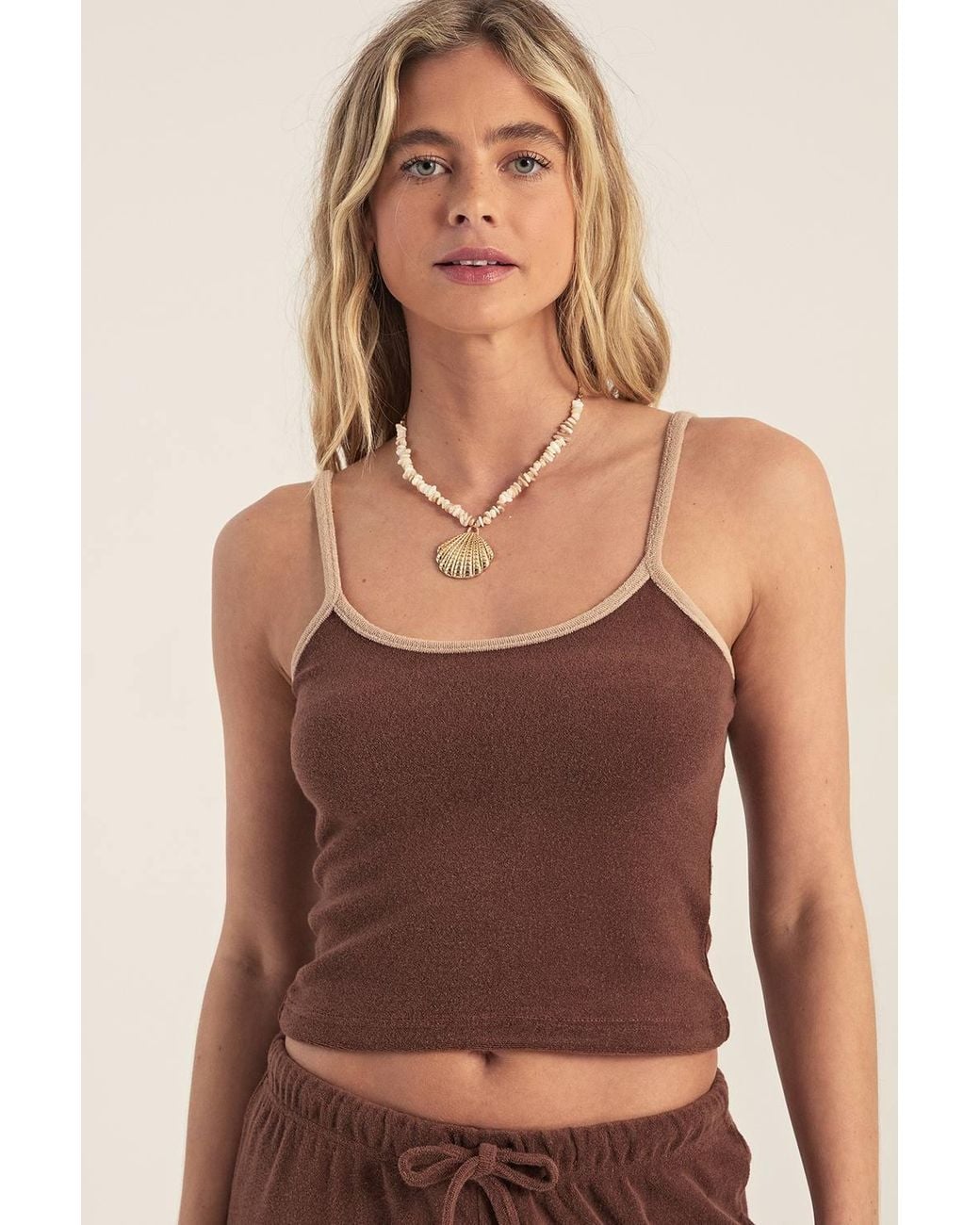 Nasty Gal Brown Towelling Contrast Binding Cami & Trousers Set