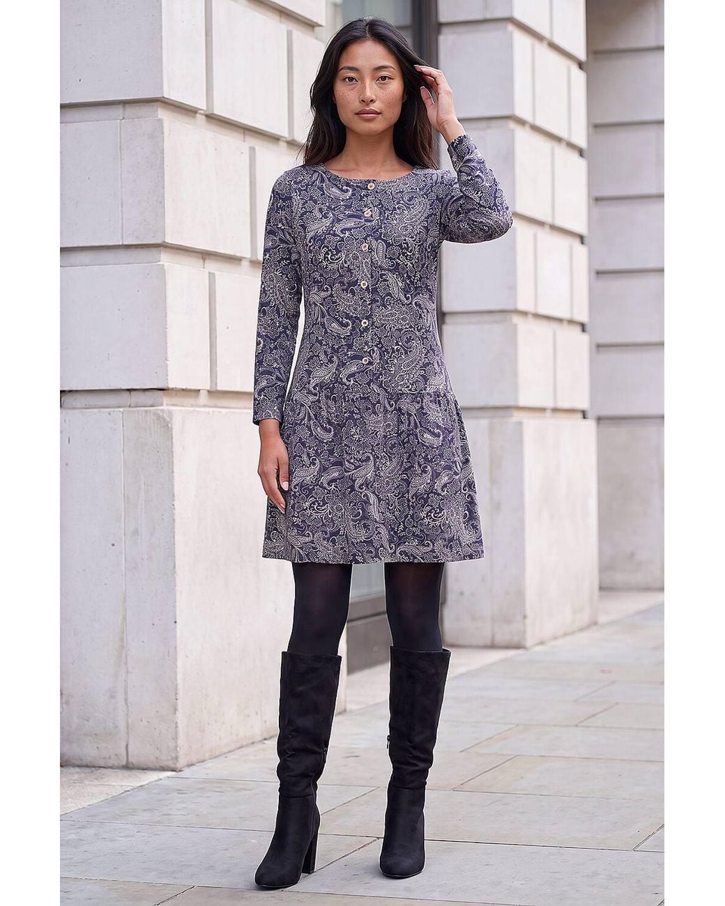 Roman Blue Petite Paisley Button Down Dress