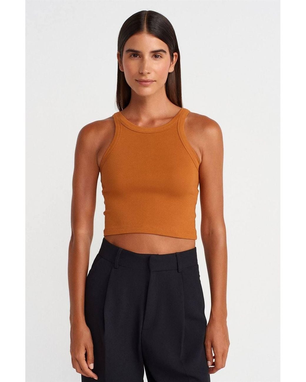 Dilvin Blue Ribbed Cotton-Blend Sleeveless Crop Top