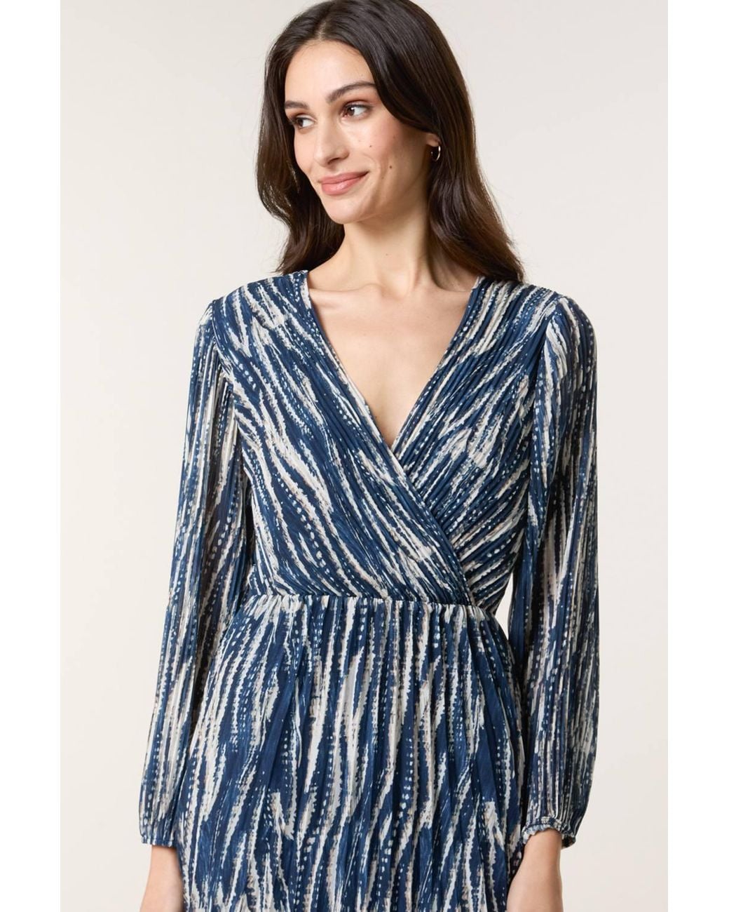 Blue Vanilla Blue Wave Print Pleated Wrap Front Dress