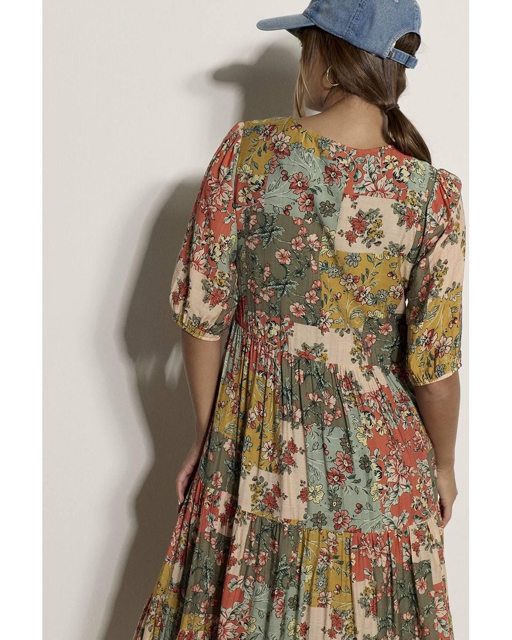 Apricot Green Patchwork Floral Midi Dress