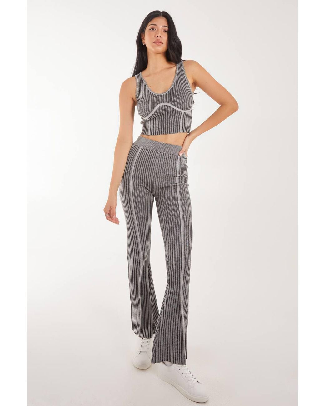 Pink Vanilla Black Two Tone Rib Seam Detail Flares