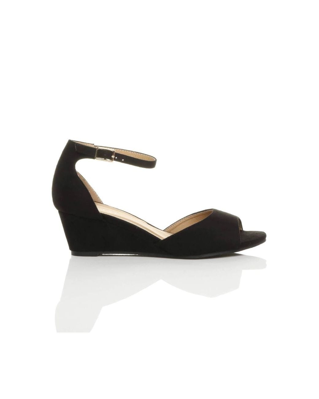 AJVANI Black Mid Wedge Heel Ankle Strap Sandals
