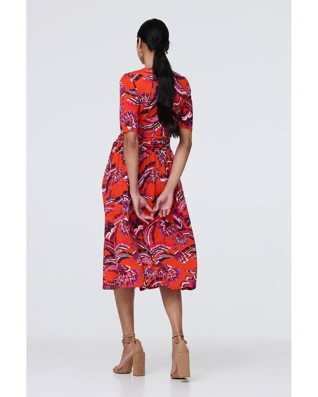 Izabel London Red Tropical Print Faux Wrap Midi Dress