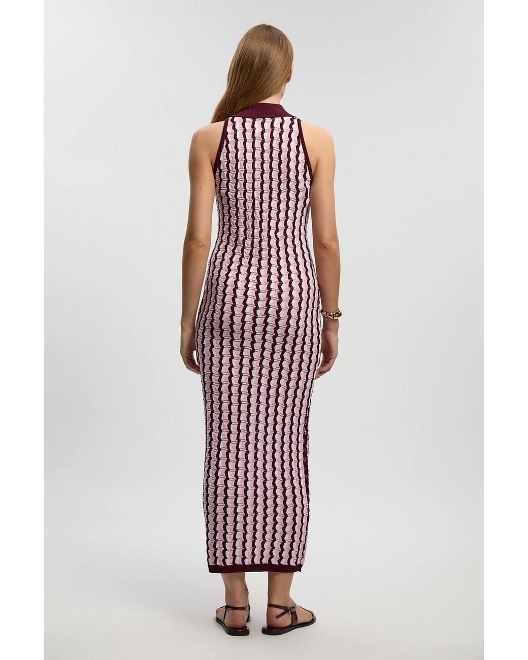 Karen Millen Brown Knit Contrast Collar Pointelle Sleeveless Midi Dress