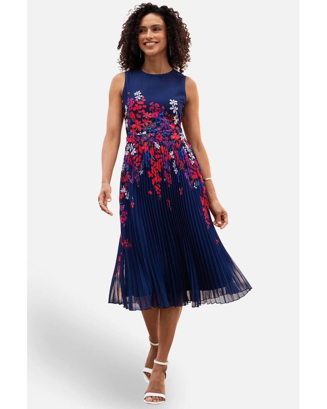 Yumi' Blue Border Floral Print Midi Dress With Pleats