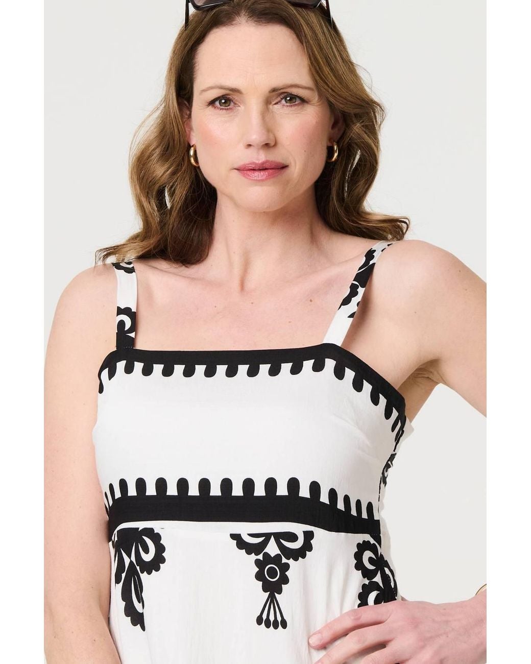 Izabel London White Ikat Print Sleeveless A-Line Maxi Dress