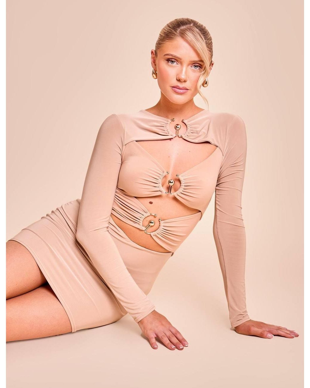 Public Desire Black Slinky Metal Detail Long Sleeve Mini Dress