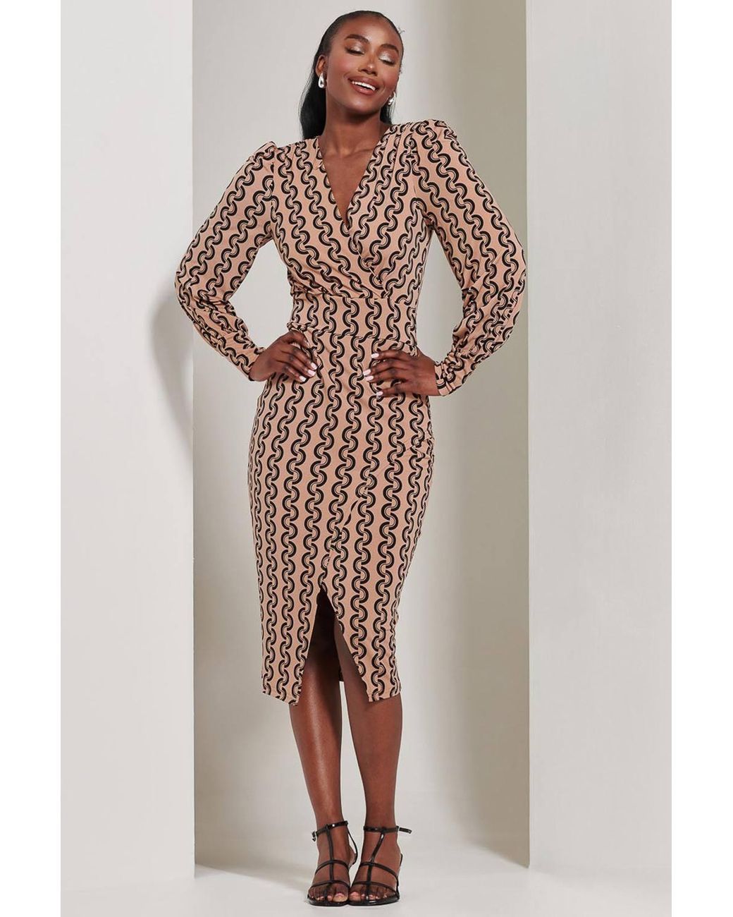 Jolie Moi Natural Print Long Sleeve Jersey Pencil Dress
