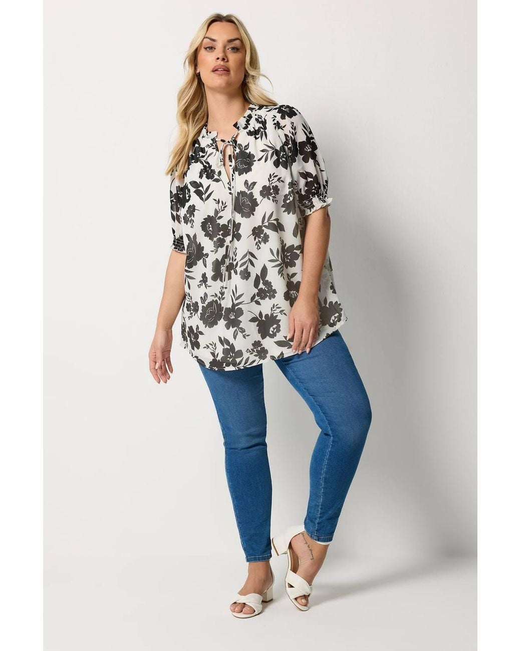 Yours White Floral Frill Neck Blouse