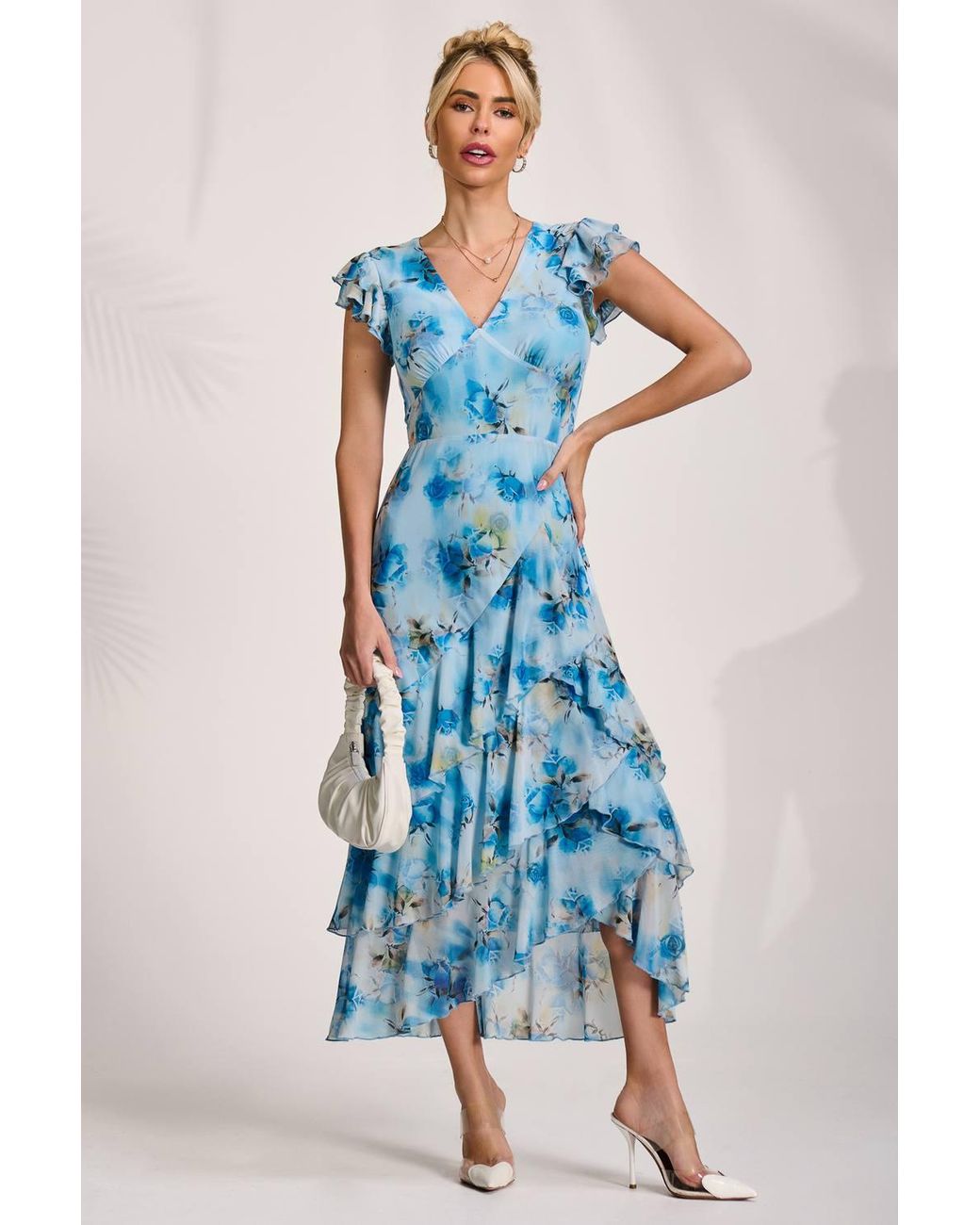 Jolie Moi Blue Mesh Ruffle Detail Maxi Dress