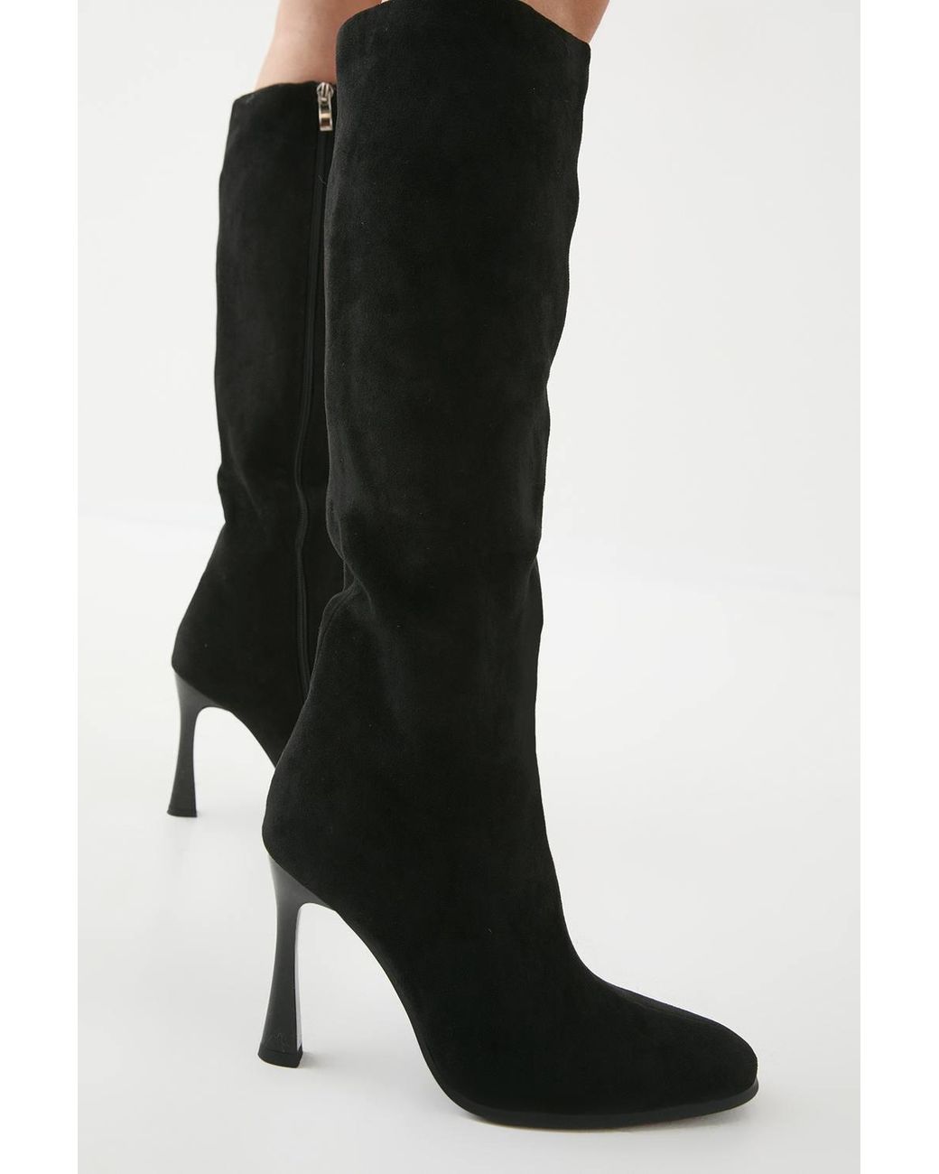 MissPap Black Faux Suede High Flared Stiletto Knee High Boots