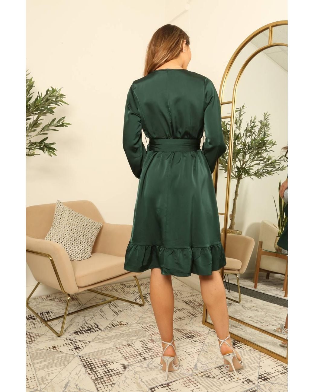 Double Second Green Frill Satin Wrap Dress