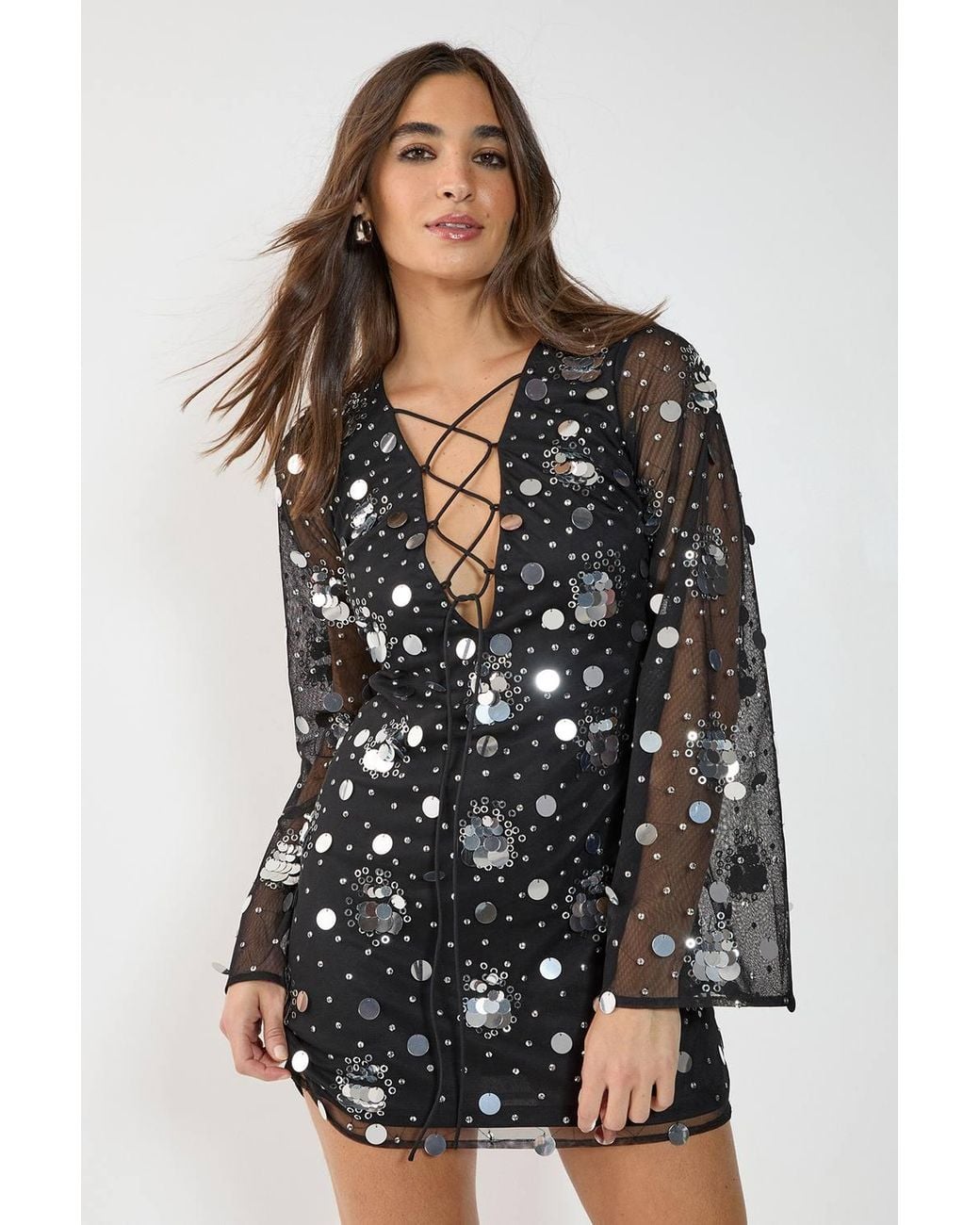 Nasty Gal Black Disc Cluster Embellished Lace Up Fluted Sleeve Mini Dress