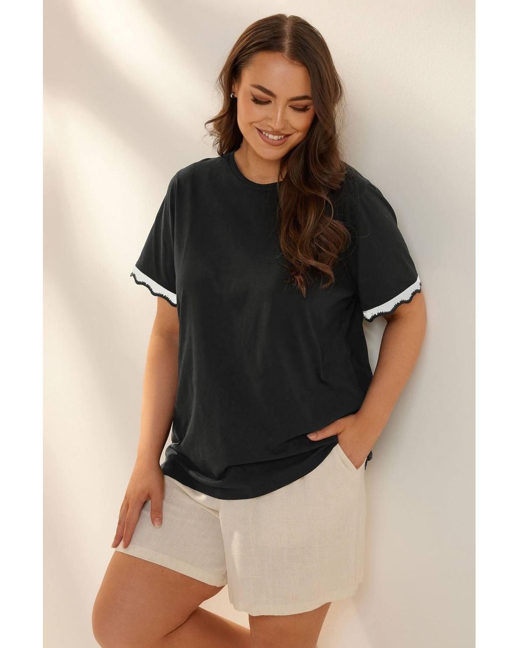Yours Black Metallic Crochet Trim T-Shirt