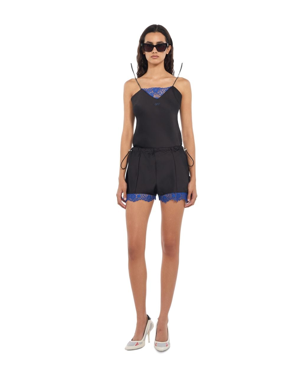 Off-White c/o Virgil Abloh Blue Satin Lace Slip Shorts